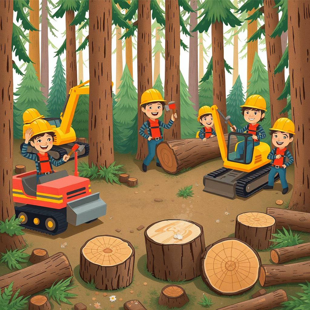 In a vibrant forest scene, several cheerful lumberjacks wearing bright safety helmets are energetically engaged in their work