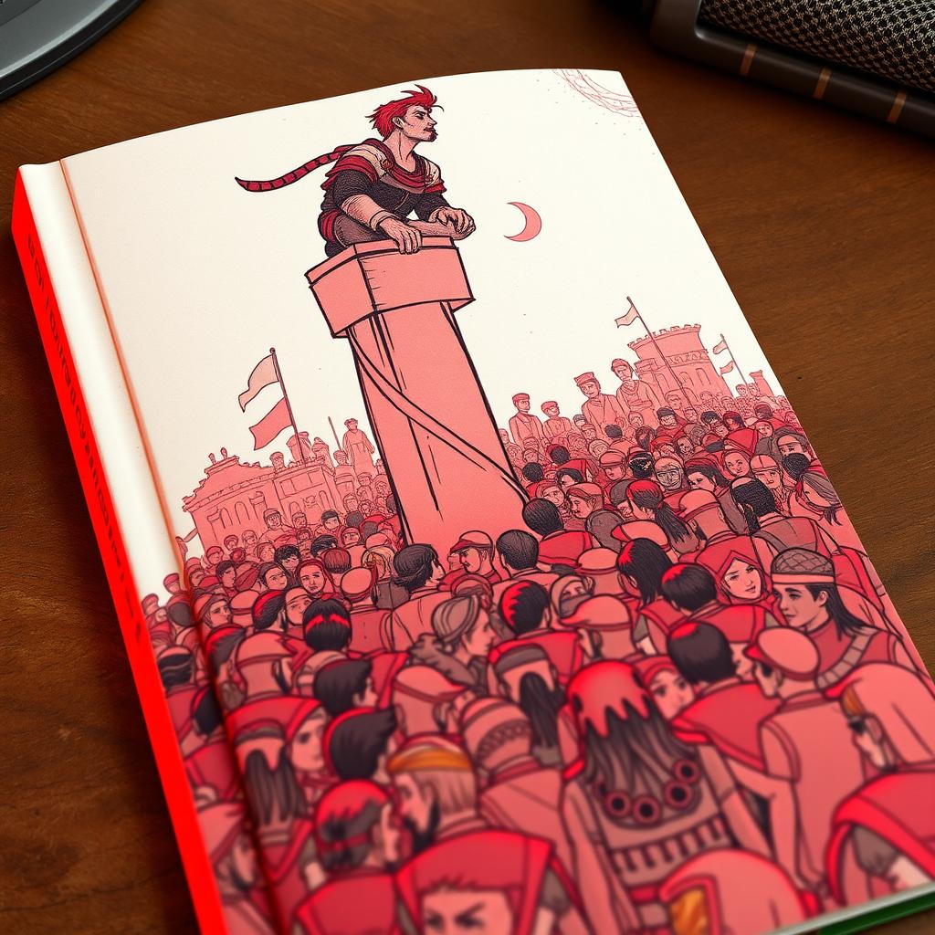 A book cover depicting a medieval world, showcasing a tightly packed crowd of people standing close together, all illuminated by a soft red glow that creates a unique atmosphere
