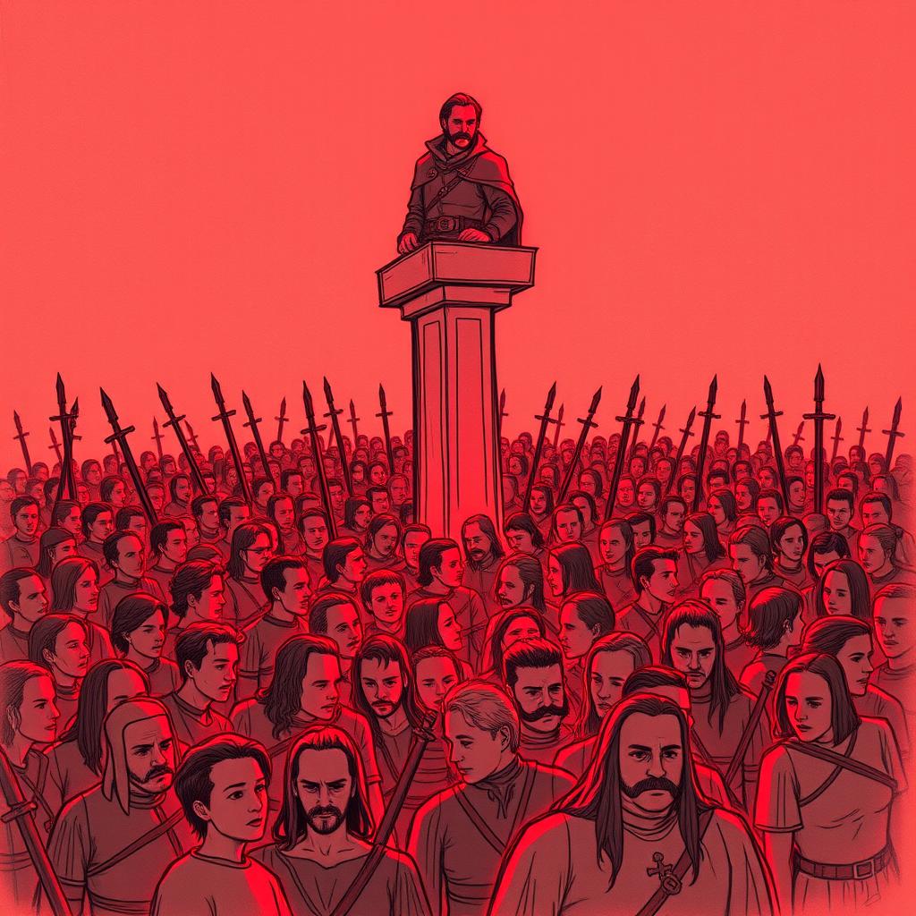 A book cover depicting a medieval world, featuring a densely packed crowd of people standing closely together, all illuminated by a soft red glow, suggesting a sense of tension and anticipation