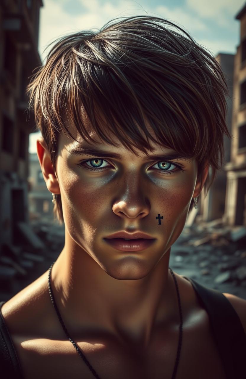 A young man with long bangs and a small cross tattoo under his eye, featuring striking green eyes