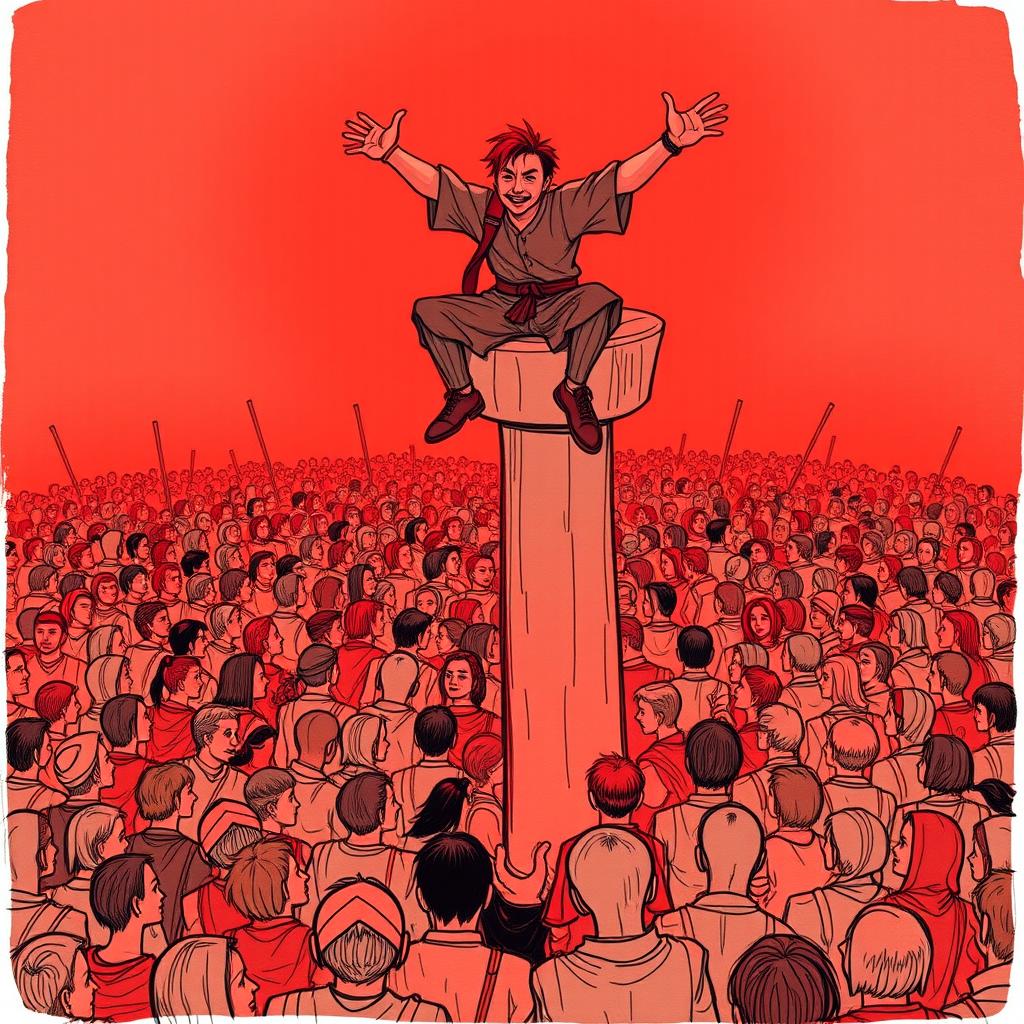 A book cover illustrating a medieval world, featuring a densely packed crowd of people standing closely together, all illuminated by a soft red glow that enhances the scene's atmosphere