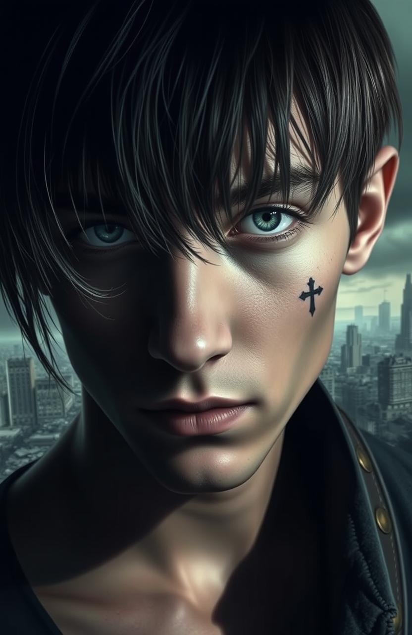 A young man with long bangs and a small cross tattoo under his eye, featuring striking green eyes