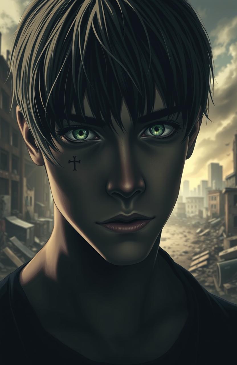 A young man with long bangs and a small cross tattoo under his eye, having green eyes