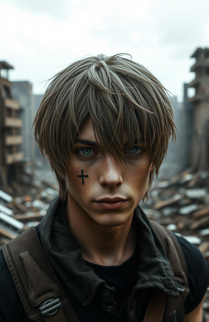 A young man resembling a character from 'Devil May Cry', sporting long bangs and a small tattoo in the shape of a cross under his eye, with striking green eyes