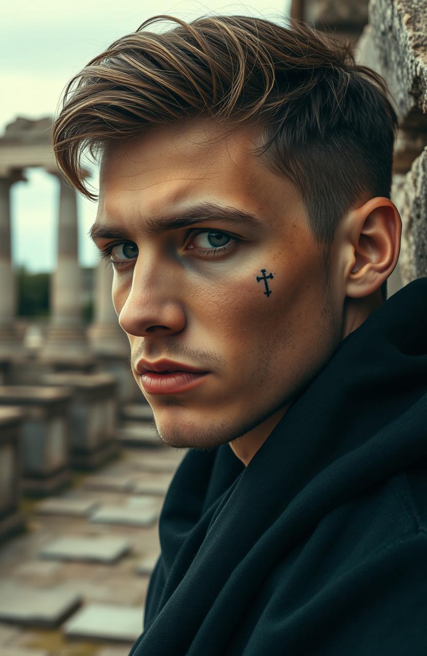 A handsome 25-year-old man with a straight nose, full lips, almond-shaped green eyes, and a small cross tattoo under his eye, set against the backdrop of ancient ruins