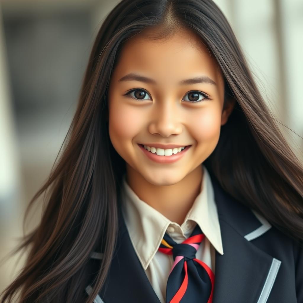 A stunning 18-year-old school girl with a radiant smile, captured in a close-up shot