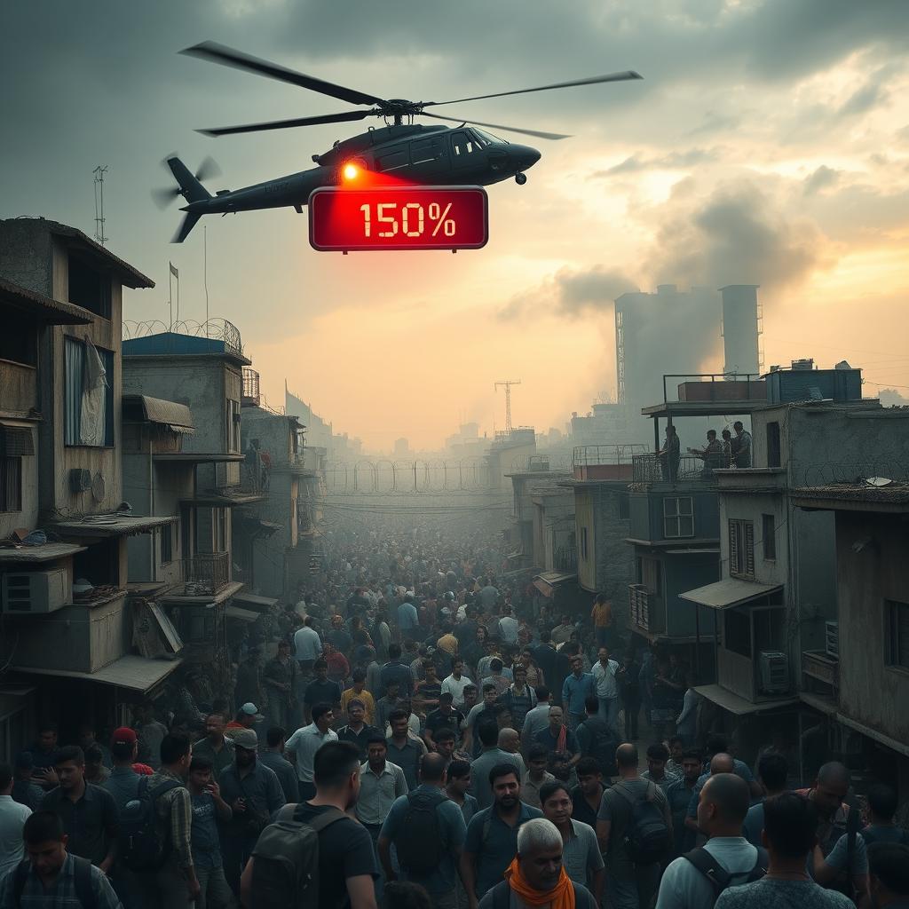A densely populated city under immense pressure, streets overflowing with hurried people carrying suitcases and backpacks, a sense of urgent movement
