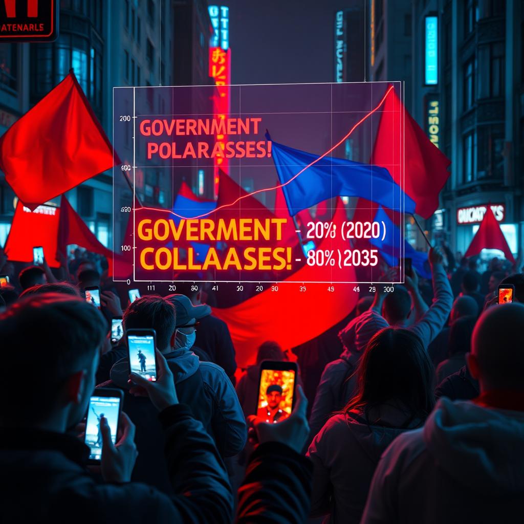 A dystopian urban scene depicting a frantic crowd checking their phones, which glow with alarming fabricated headlines like "GOVERNMENT COLLAPSES!" in bold red