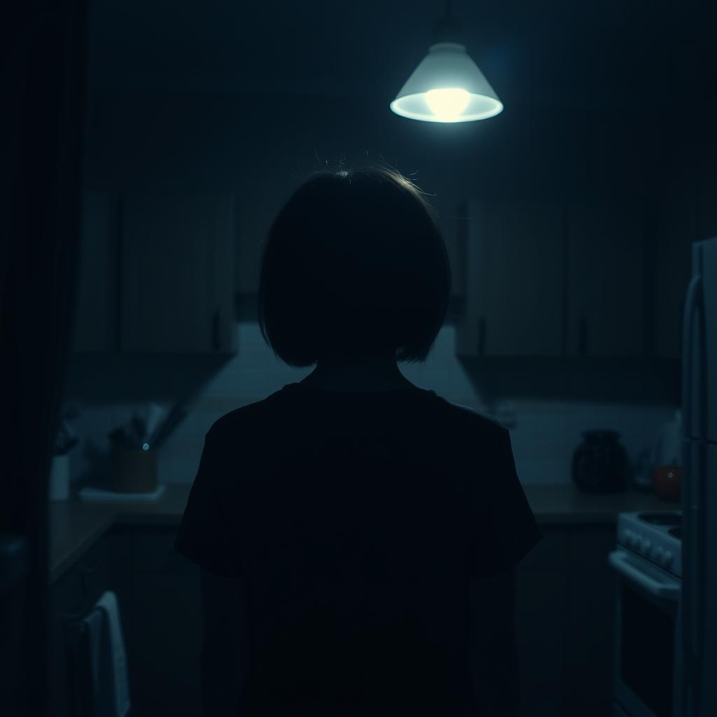 A teenage girl with short black hair, viewed from the backside, standing in a dimly lit kitchen