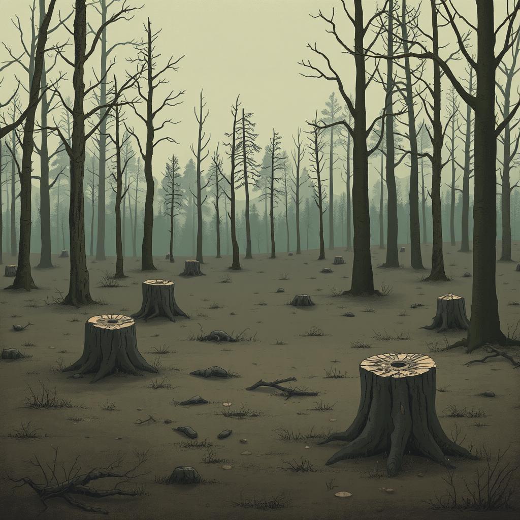 A melancholic forest scene depicting a landscape where all the trees have been cut down, leaving only stumps scattered across the ground