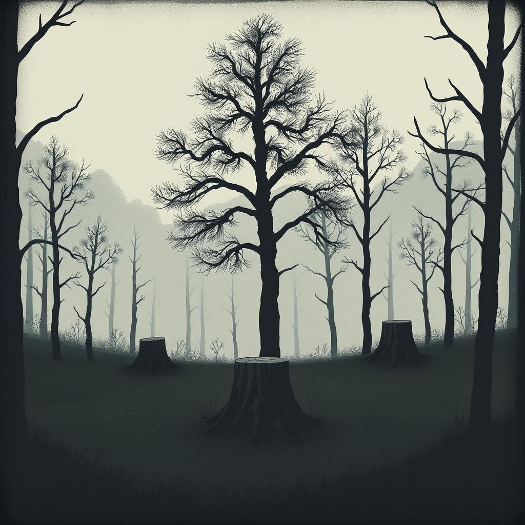 A desolate forest scene with only tree stumps remaining, depicting a feeling of loss and abandonment