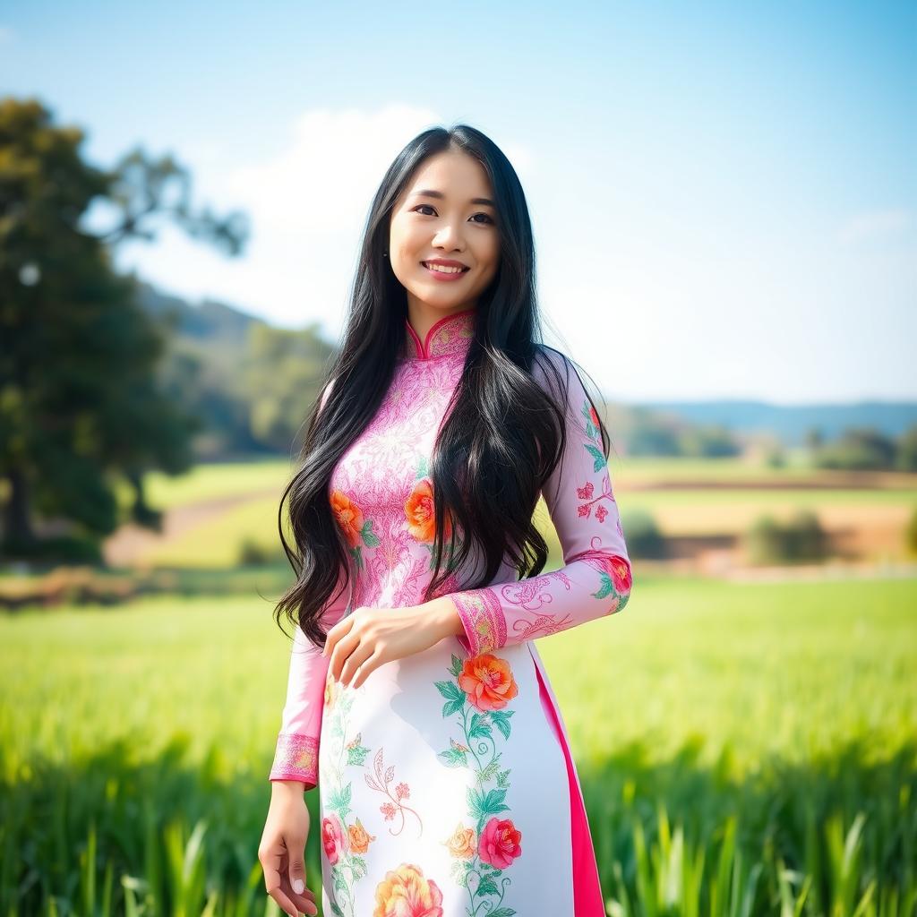 A beautiful Vietnamese woman with long, flowing black hair wearing a traditional Ao Dai dress