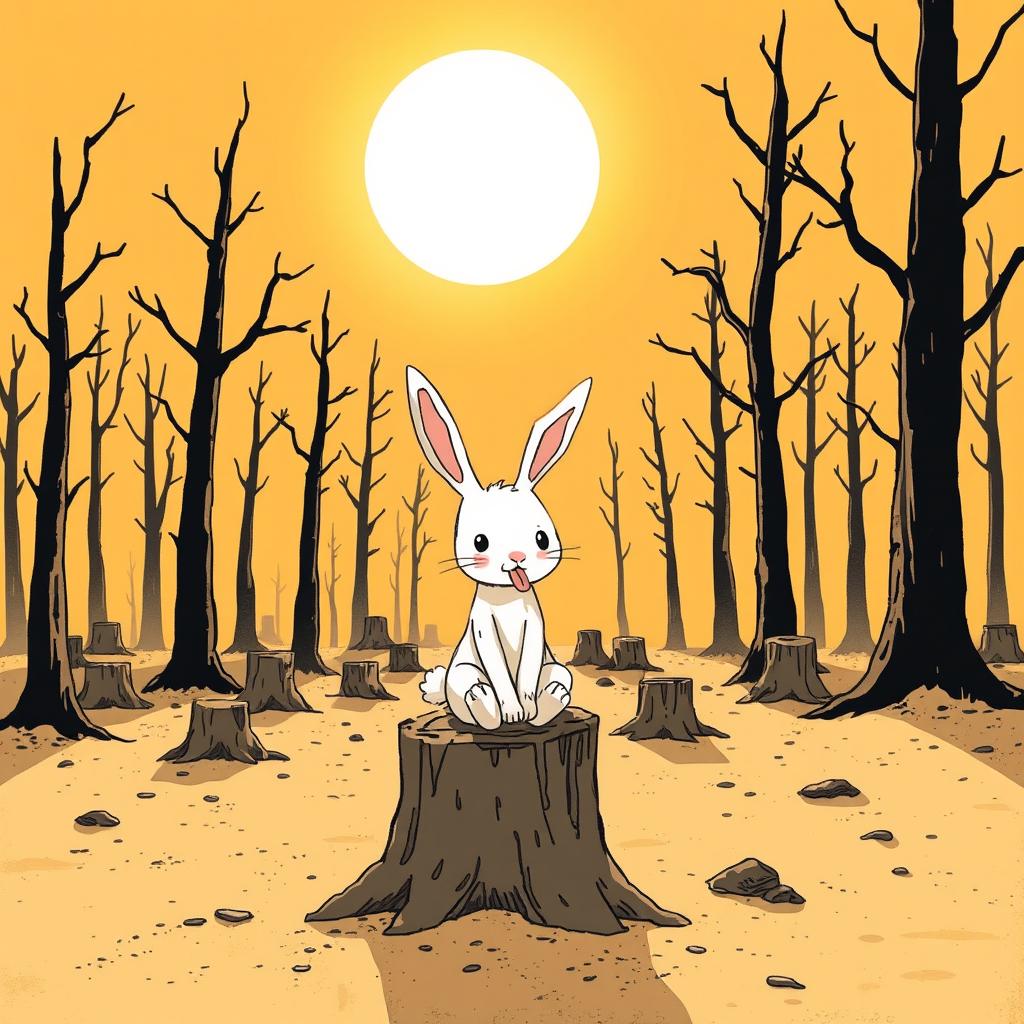 Under a blazing sun, a desolate forest scene shows that all the trees have been cut down, leaving behind only tree stumps