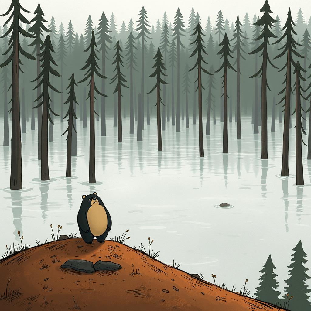 A dramatic scene depicting a flooded forest with water levels rising, completely submerging the trees