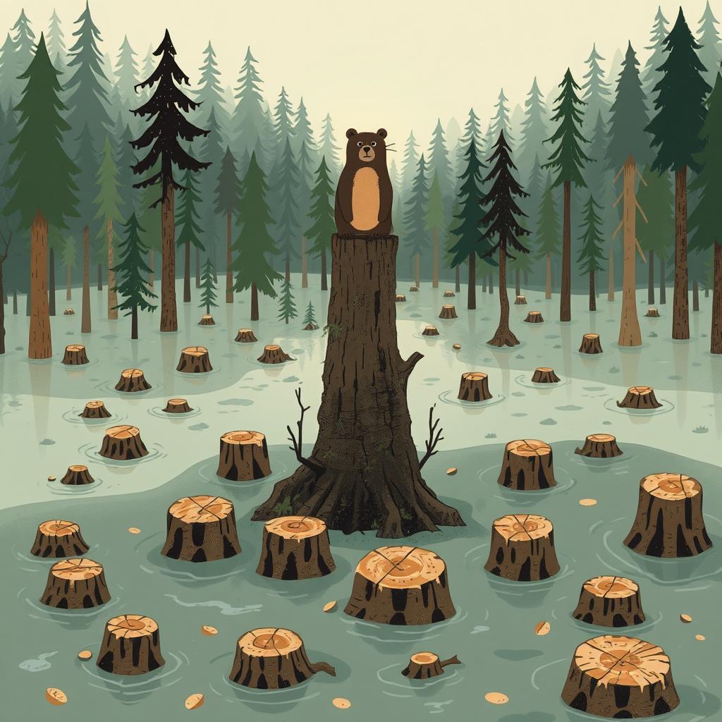 A dramatic scene showcasing a flooded forest with water covering the landscape, where many trees have been cut down, leaving behind stumps scattered throughout the area