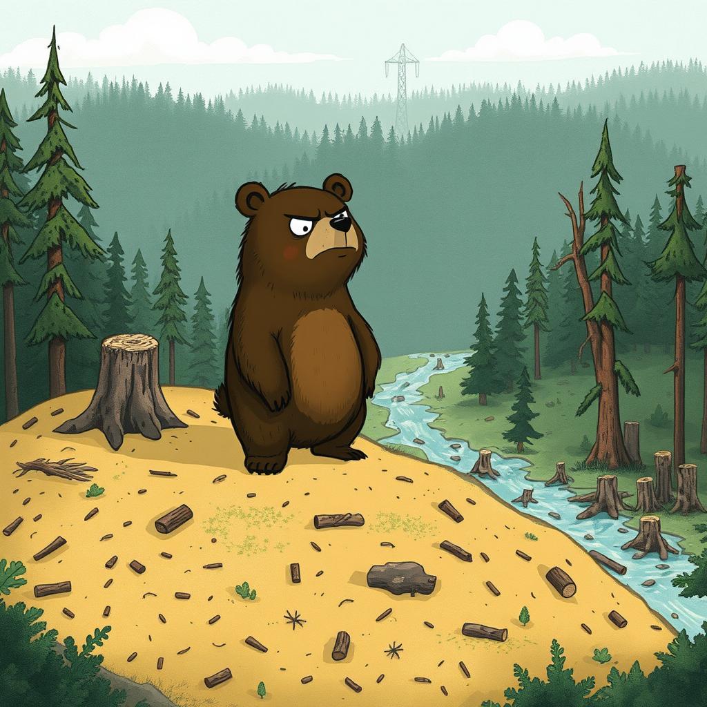 A bear standing angrily on a hillside after a flood has devastated the forest, surrounded by hydro-sculpted terrain filled with stumps and cut-down trees