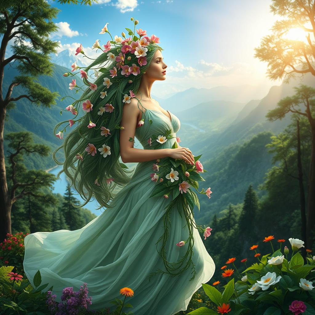 A stunning representation of Gaia, the Greek goddess of the Earth, depicted as an ethereal woman surrounded by lush greenery and vibrant flowers