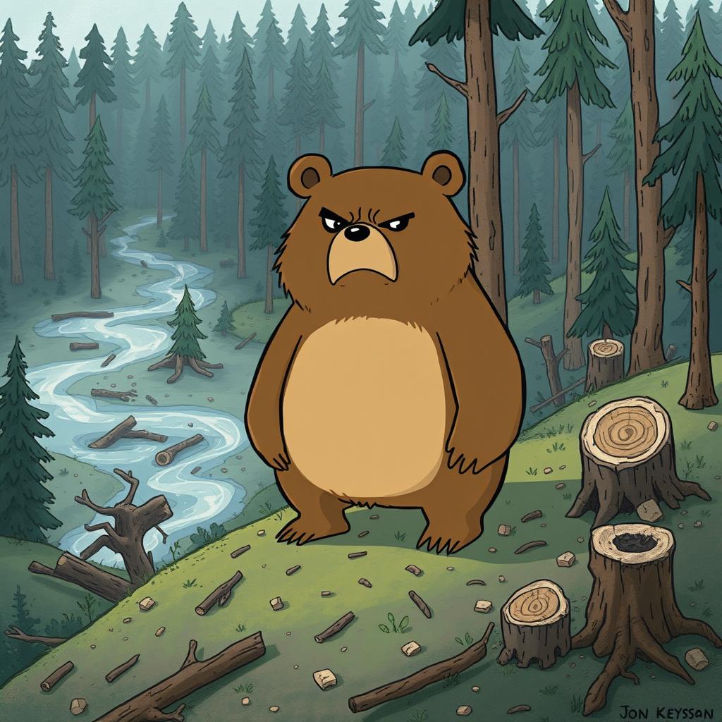 A bear standing angrily on a hillside after a flood has devastated the forest, surrounded by cut-down trees and tree stumps