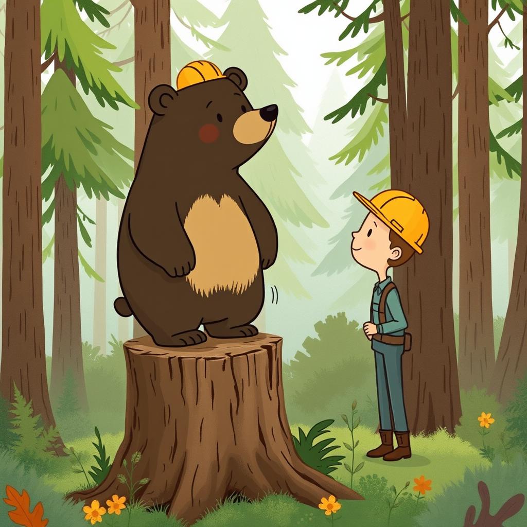 A bear standing on a tree stump in the forest, looking curiously at a worker wearing a hard hat