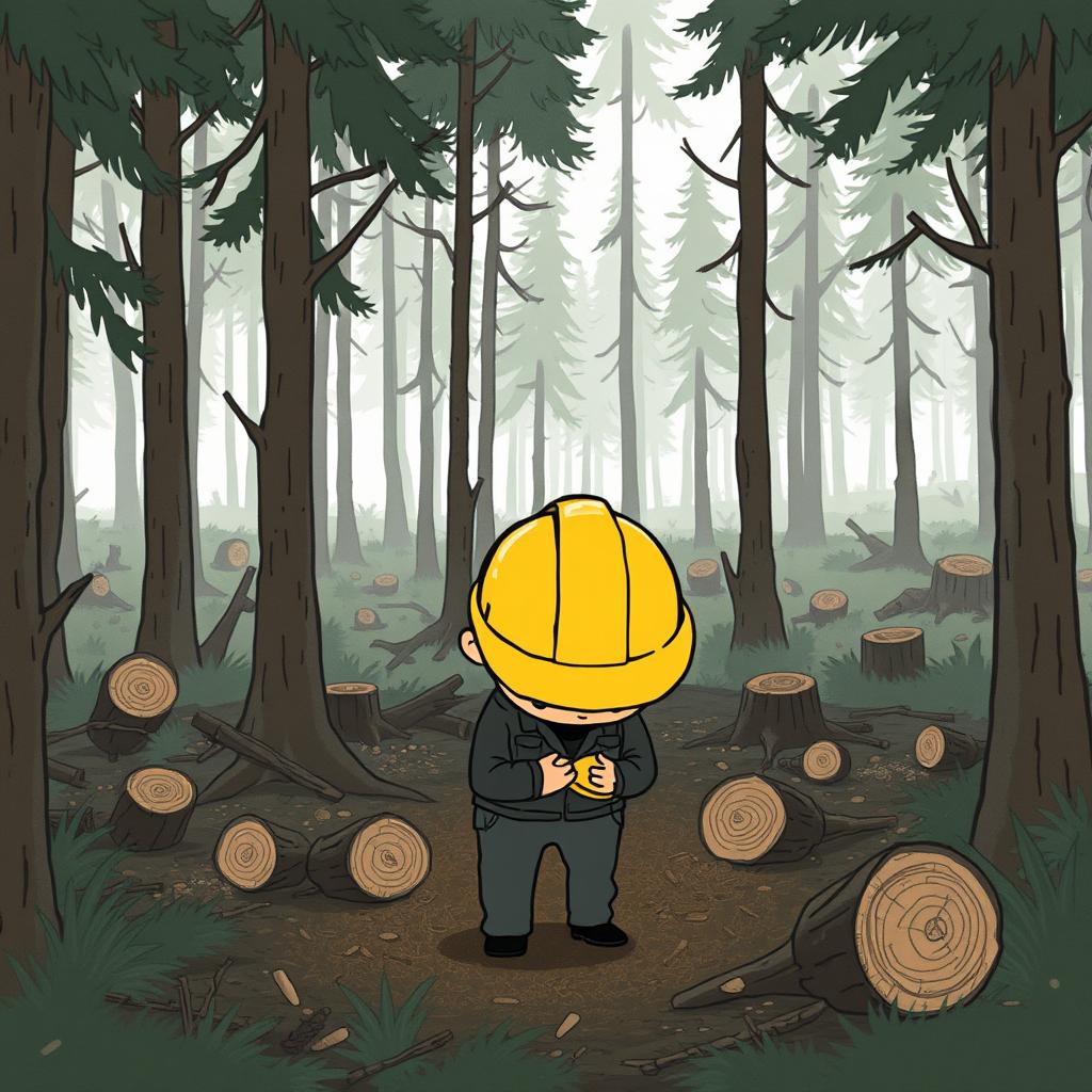A scene in a forest filled with cut-down trees, where a worker wearing a hard hat is bowing his head in shame