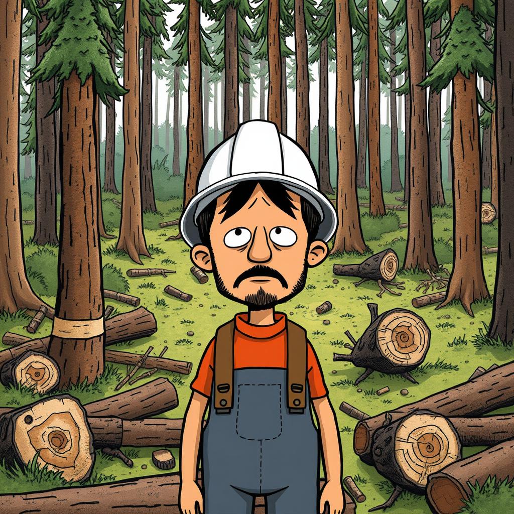 A scene in a forest filled with cut-down trees, featuring a worker wearing a hard hat with an expression of shame on his face