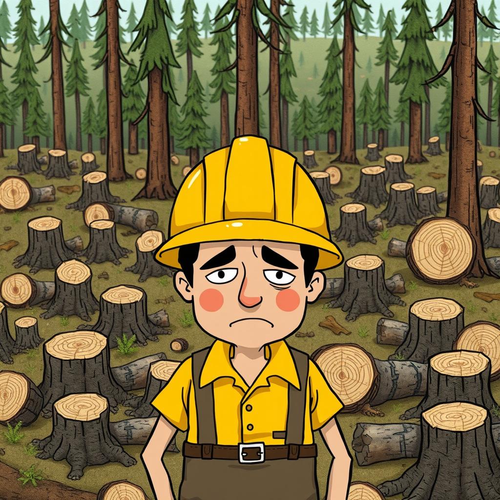 A scene depicting a forest filled with cut-down trees, featuring a worker wearing a hard hat with an embarrassed and ashamed expression on his face