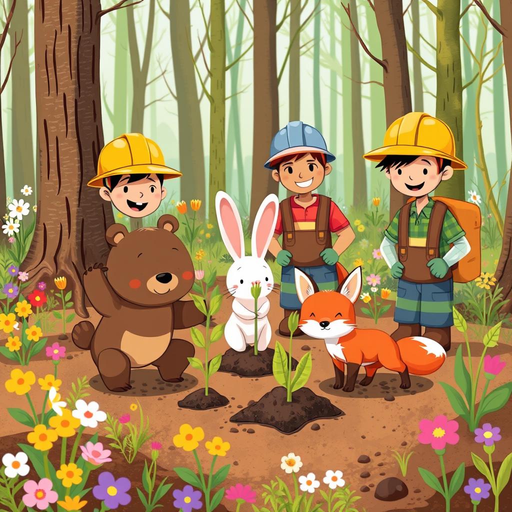 In a vibrant spring forest, a small bear, a little white rabbit, and a small fox are joyfully planting trees alongside workers wearing hard hats