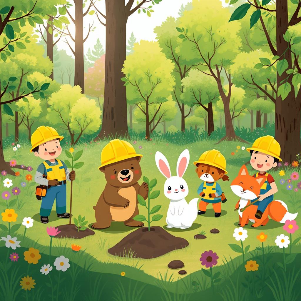 In a cheerful spring forest, a small bear, a little white rabbit, and a small fox are joyfully planting trees alongside workers wearing hard hats
