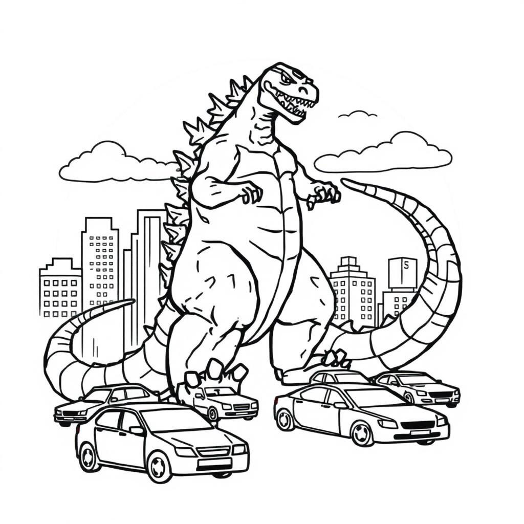 A coloring page featuring Godzilla in a fierce pose, towering over a cityscape with buildings in the background, surrounded by various cars that are scattered around