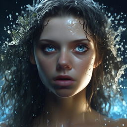 Create a hyper-realistic, 8K UHD HDR image of a beautiful woman formed entirely of water, accentuating photorealistic eyes and dramatic splashes, illuminated by enigmatic lighting. The image should resemble a fantasy-related art masterpiece with the highest quality details.