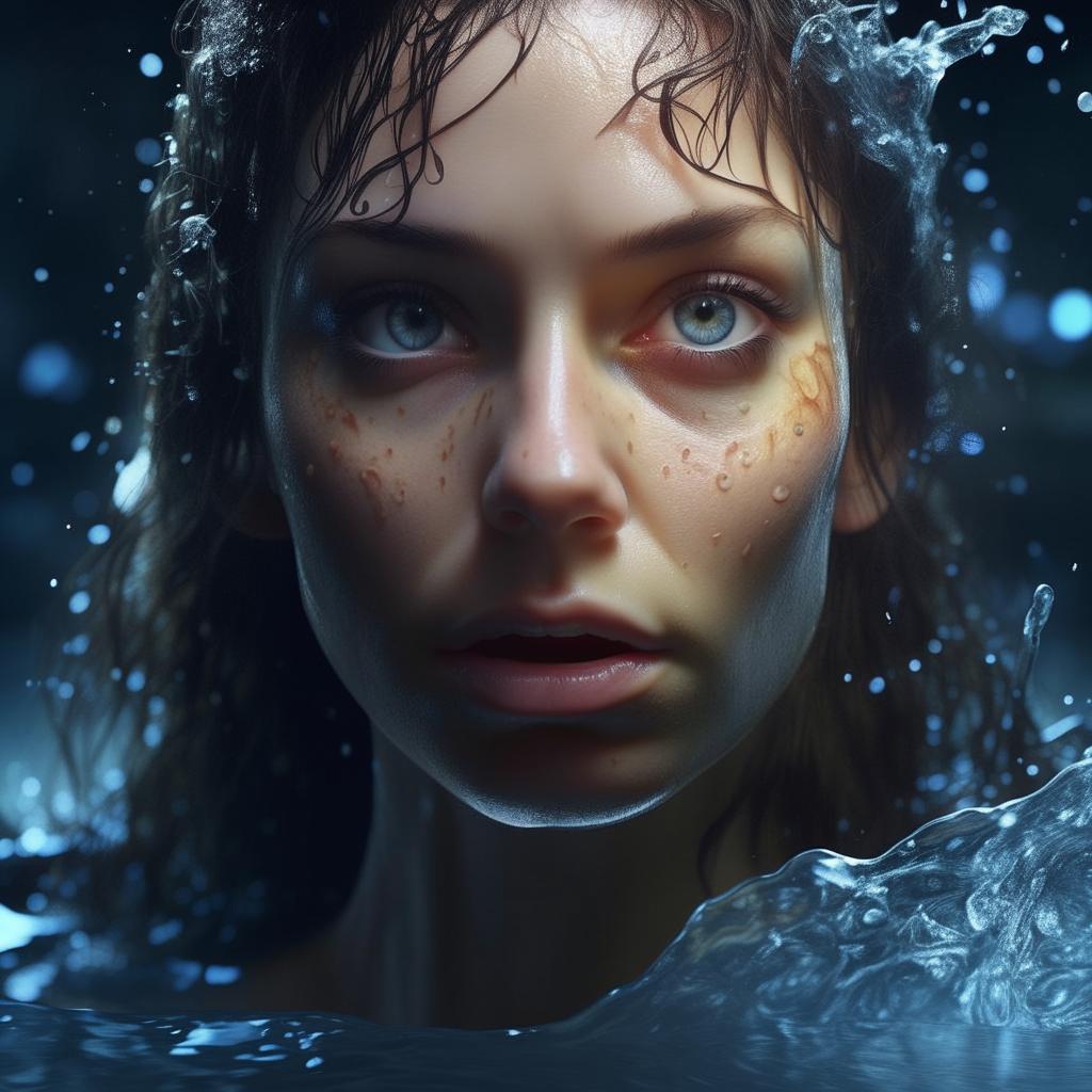 Create a hyper-realistic, 8K UHD HDR image of a beautiful woman formed entirely of water, accentuating photorealistic eyes and dramatic splashes, illuminated by enigmatic lighting. The image should resemble a fantasy-related art masterpiece with the highest quality details.