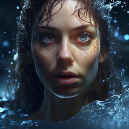 Create a hyper-realistic, 8K UHD HDR image of a beautiful woman formed entirely of water, accentuating photorealistic eyes and dramatic splashes, illuminated by enigmatic lighting. The image should resemble a fantasy-related art masterpiece with the highest quality details.