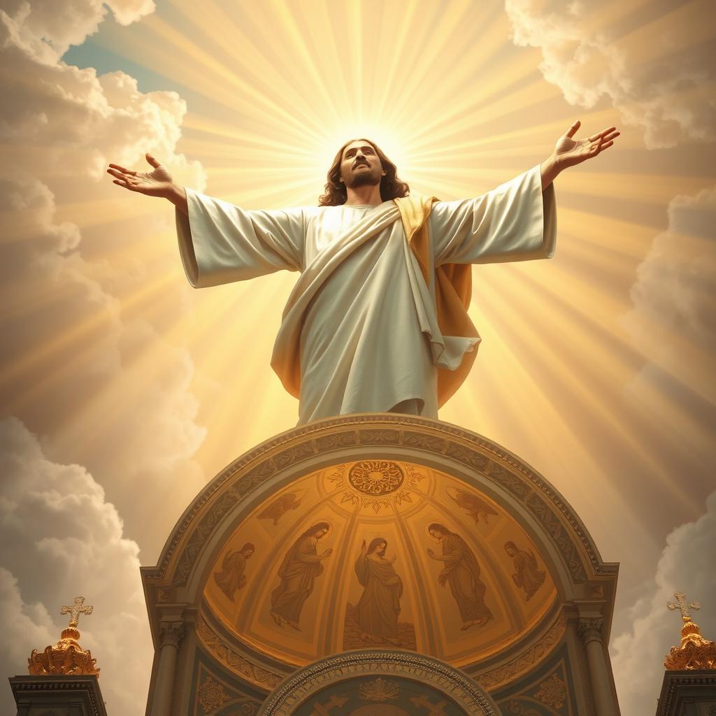 A magnificent depiction of Jesus Christ, gloriously risen, ascending to paradise