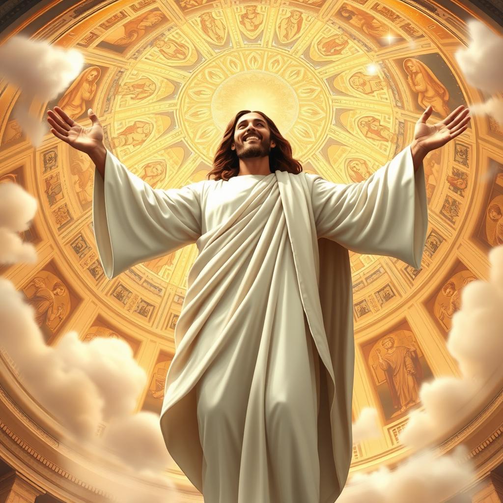 A magnificent depiction of Jesus Christ, gloriously risen, ascending towards paradise