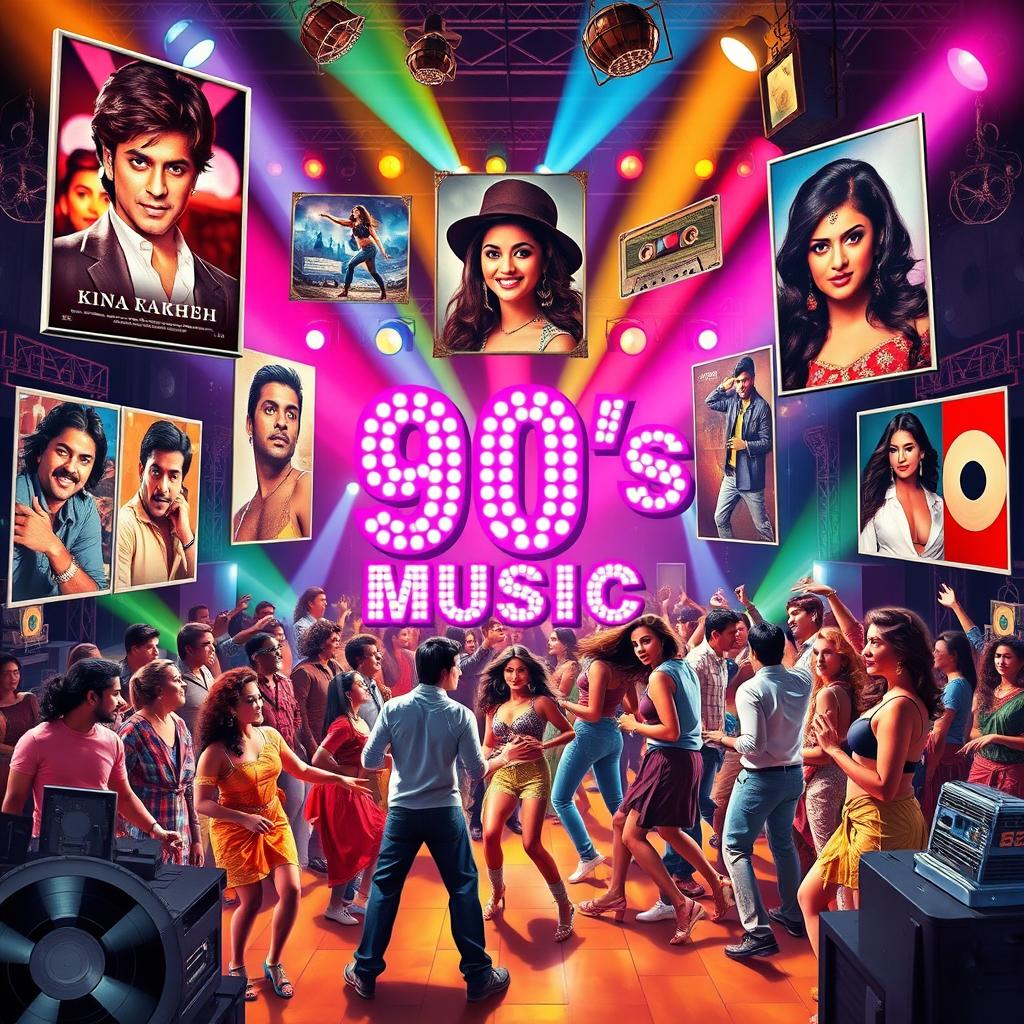 A vibrant collage depicting the essence of 90s Bollywood music
