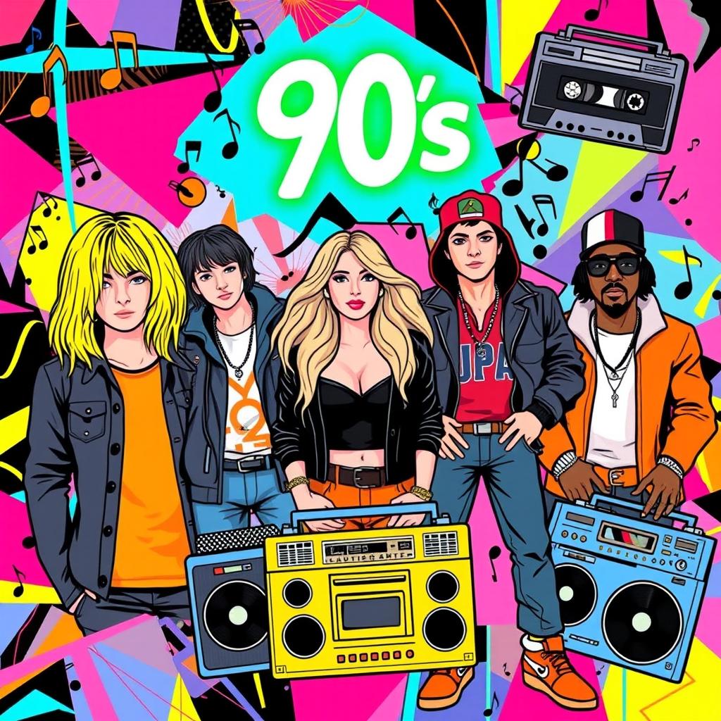 A vibrant and colorful collage of iconic 90s music hits, featuring illustrations of famous musicians from that era