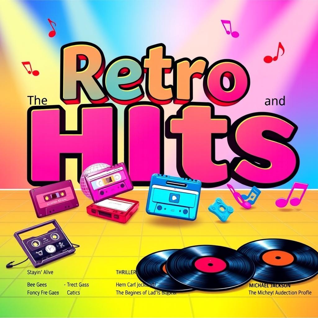 A vibrant and colorful poster showcasing classic retro hits from the 70s and 80s