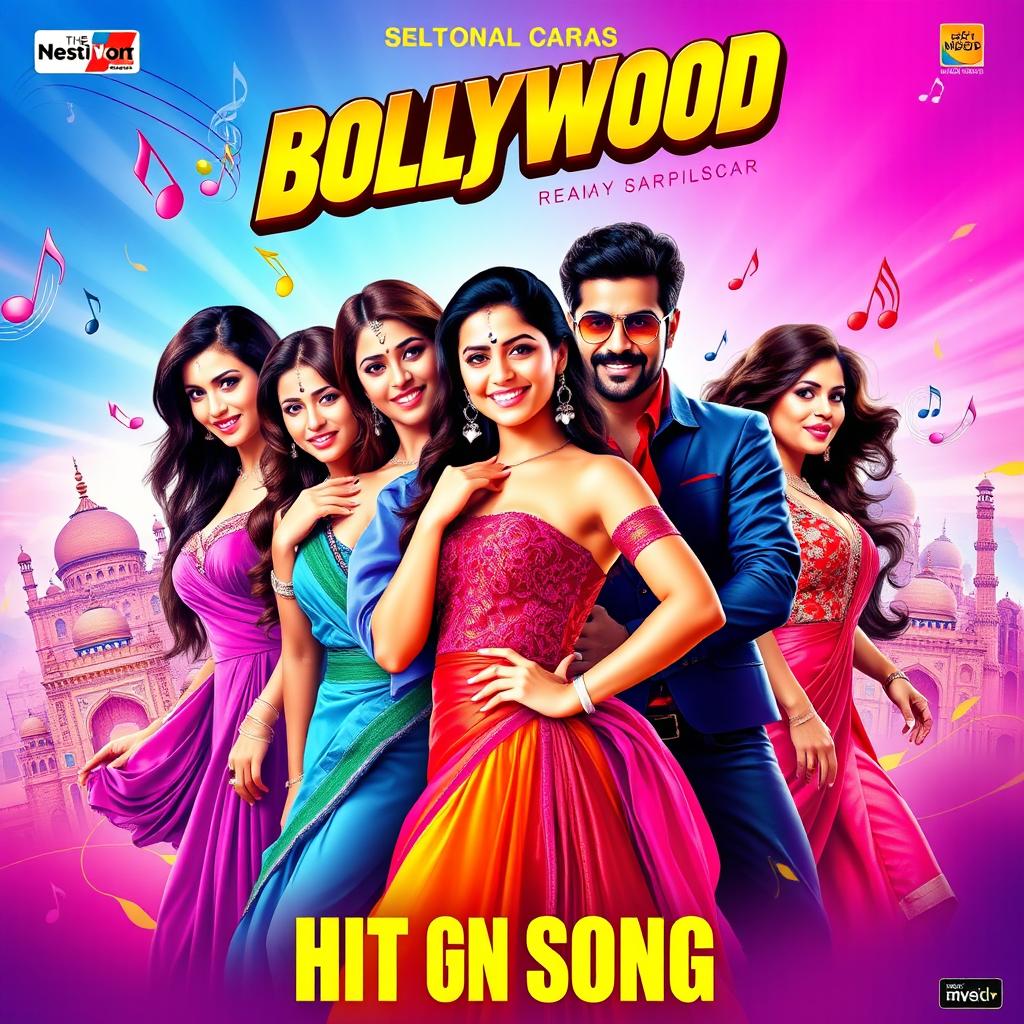 A vibrant and colorful poster featuring an ensemble of Bollywood stars against a backdrop of iconic Indian landmarks