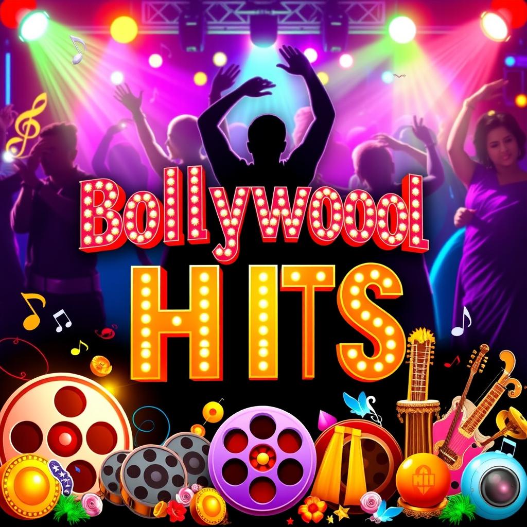 A vibrant and eye-catching poster design celebrating popular Bollywood hit songs