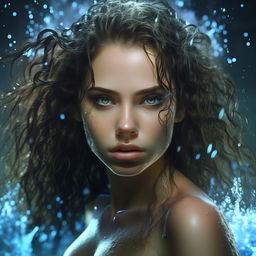 Create a hyper-realistic, 8K UHD HDR image of a beautiful woman formed entirely of water, accentuating photorealistic eyes and dramatic splashes, illuminated by enigmatic lighting. The image should resemble a fantasy-related art masterpiece with the highest quality details.