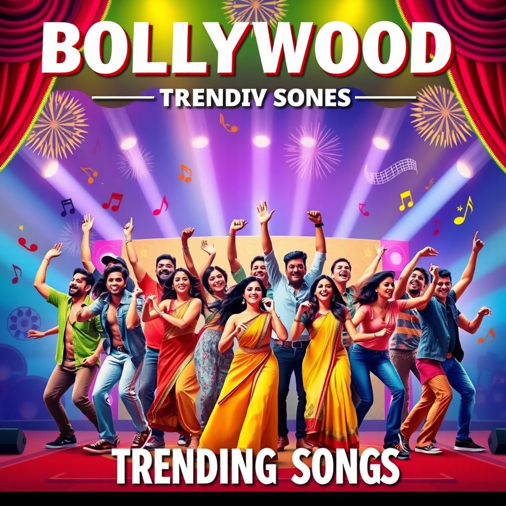A vibrant poster featuring the latest Bollywood trending songs, showcasing an energetic group of diverse singers and dancers on a colorful stage, adorned with traditional Indian designs and modern aesthetics