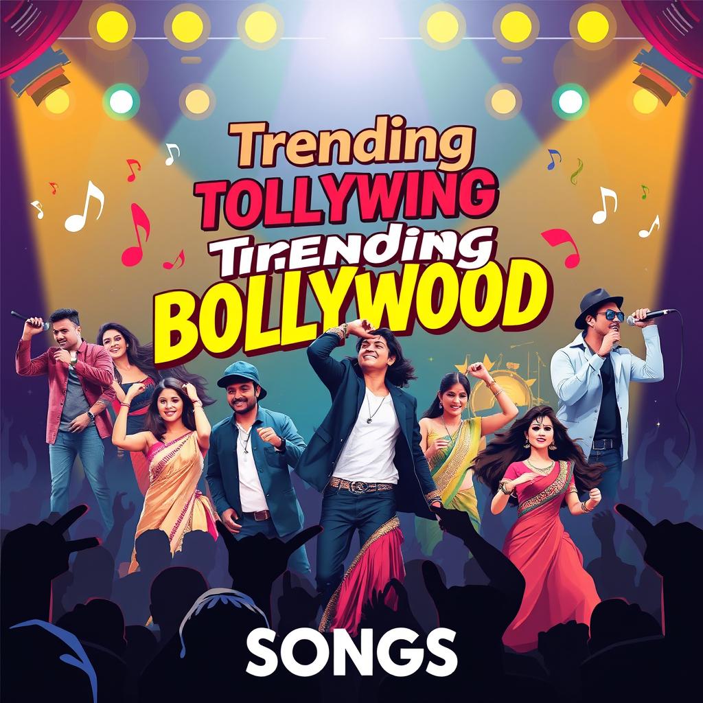 A vibrant and colorful poster showcasing the trending Bollywood songs of the moment