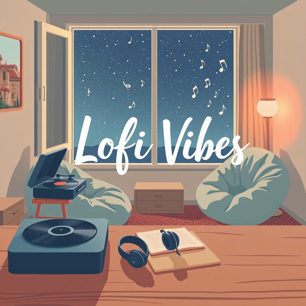 A stylish and calming poster for Lofi songs, featuring a cozy, tranquil scene of a vintage room with a record player and comfy bean bags