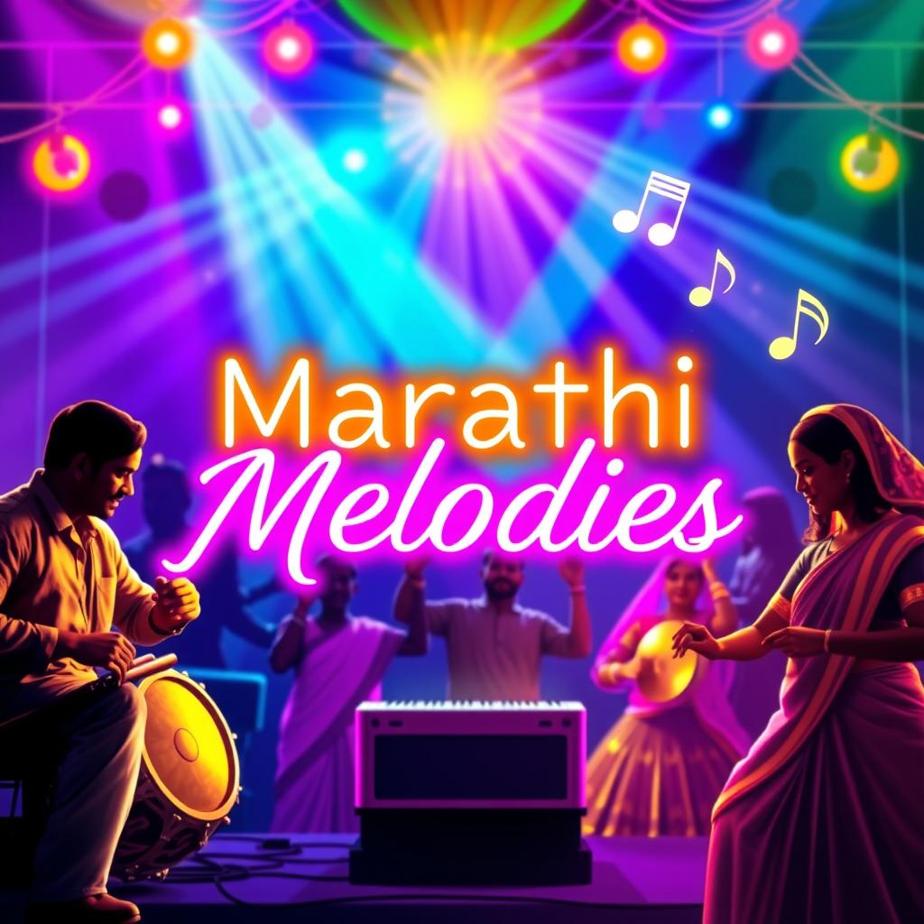 A vibrant poster for Marathi songs featuring dynamic neon graphics
