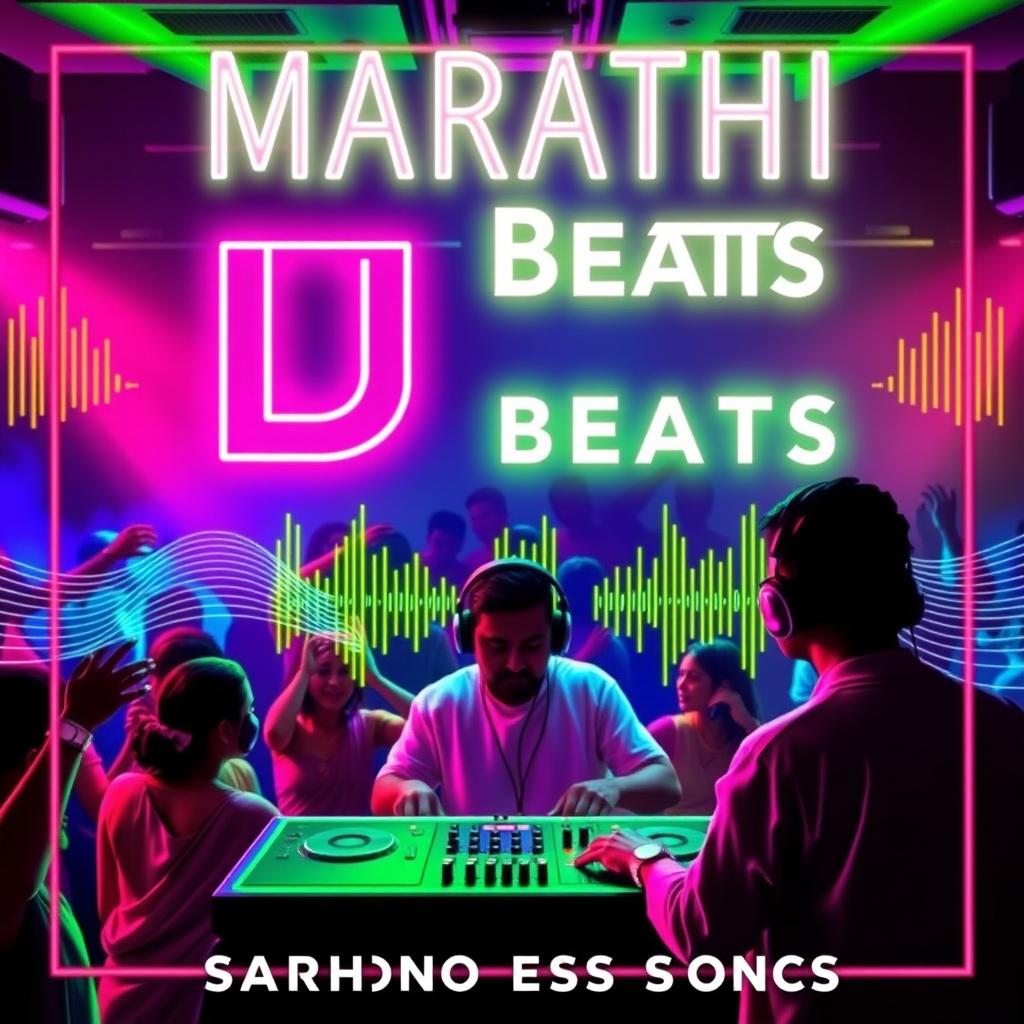 An energetic poster for Marathi DJ songs featuring vibrant neon graphics