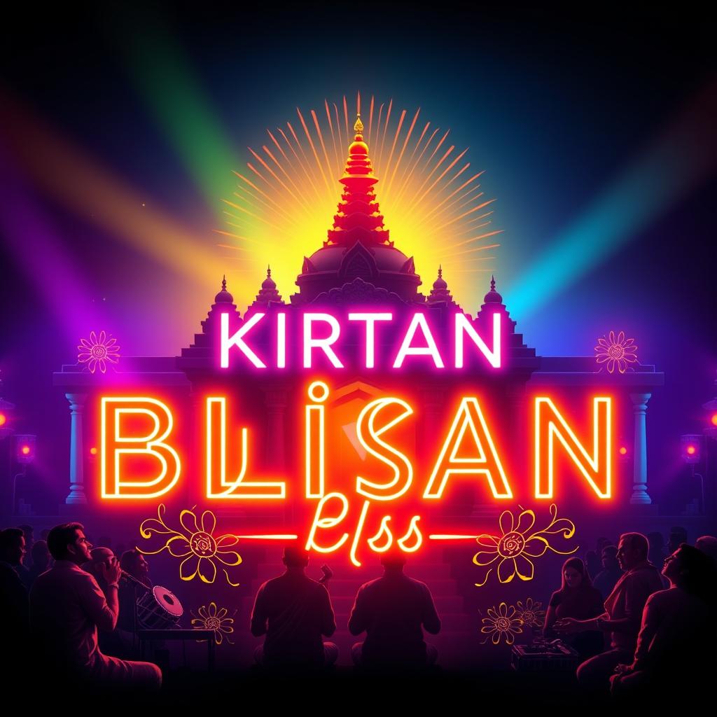 A beautifully designed poster for Bhajan Kirtan songs featuring vibrant neon graphics