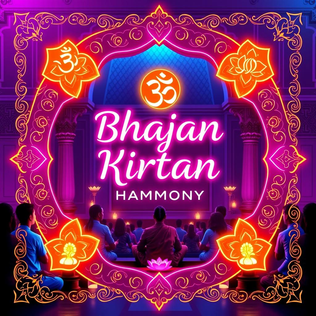 A captivating poster for Bhajan Kirtan featuring traditional neon graphics