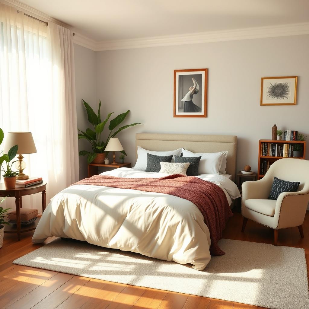 A cozy and inviting bedroom featuring a large, plush bed with fluffy pillows and a soft, warm duvet