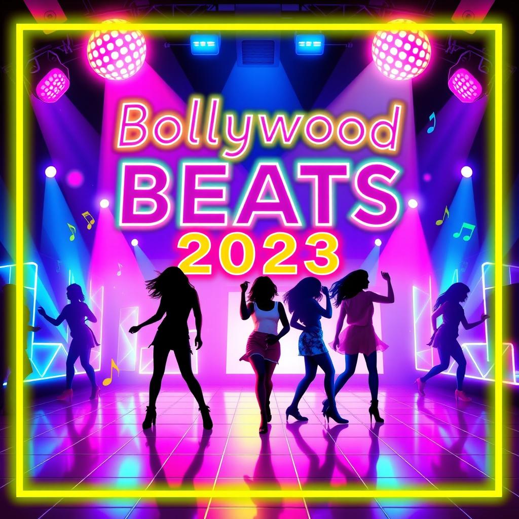An eye-catching poster for Bollywood trending songs featuring dynamic neon graphics