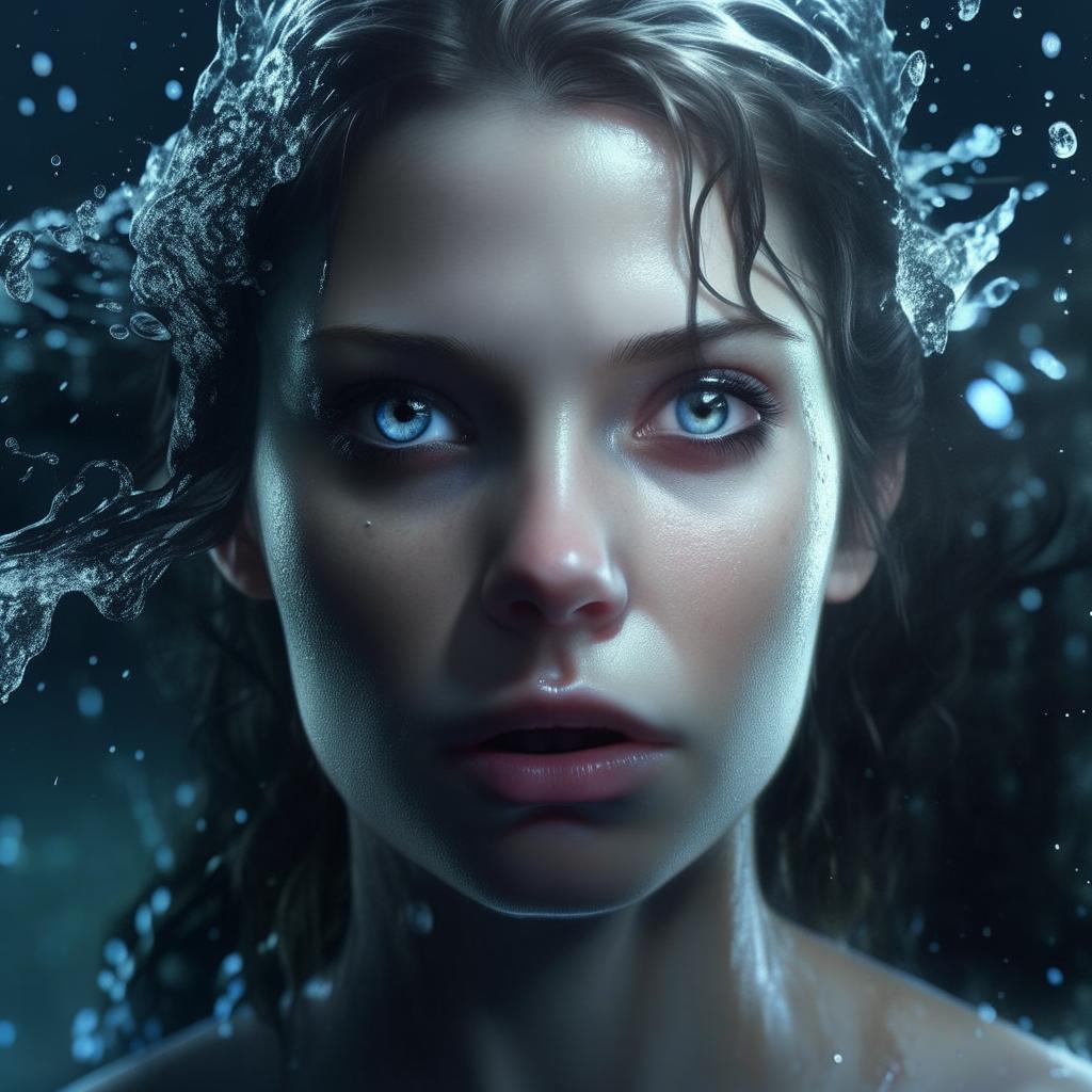 Create a hyper-realistic, 8K UHD HDR image of a beautiful woman formed entirely of water, accentuating photorealistic eyes and dramatic splashes, illuminated by enigmatic lighting. The image should resemble a fantasy-related art masterpiece with the highest quality details.